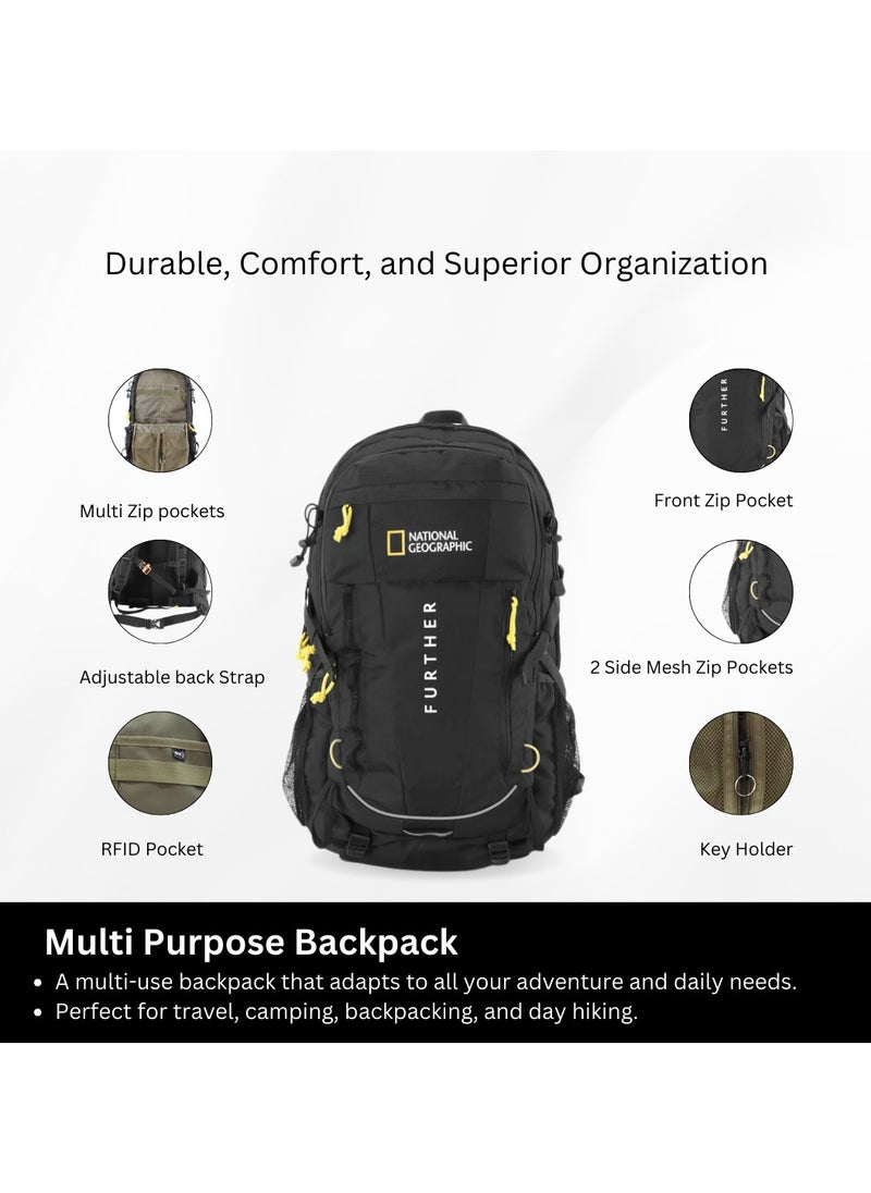 NATIONAL GEOGRAPHIC National Geographic Destination 40L Backpack Black, Durable Water Resistant Polyester Secure RFID Pocket Lightweight Bag With Raincover, 2 Side Waist Belt Protection For Men Women Trekking Hiking Camping Outdoor Travel  - Image 5