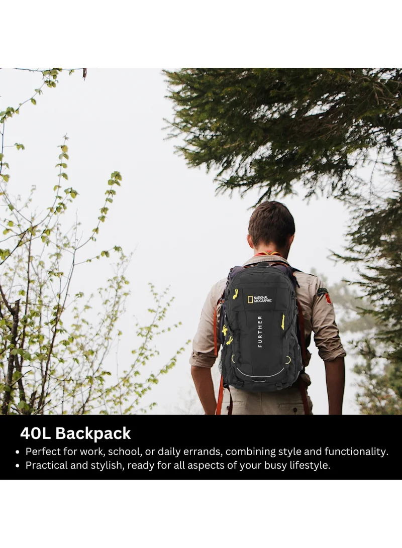 NATIONAL GEOGRAPHIC National Geographic Destination 40L Backpack Black, Durable Water Resistant Polyester Secure RFID Pocket Lightweight Bag With Raincover, 2 Side Waist Belt Protection For Men Women Trekking Hiking Camping Outdoor Travel