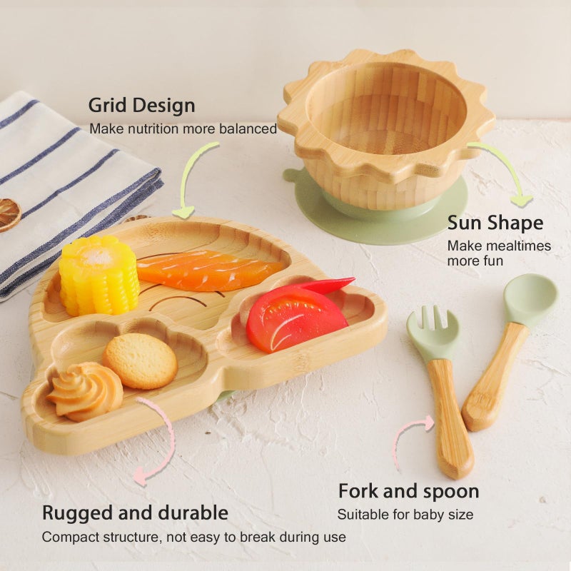 let's make Bamboo Suction Plates Bowls Set for Baby Toddler Divided Platter Food bowl with Silicone Fork & Spoon All-Natural Baby Feeding Set for Baby-Led Weaning, Non-Slip Design - Image 2