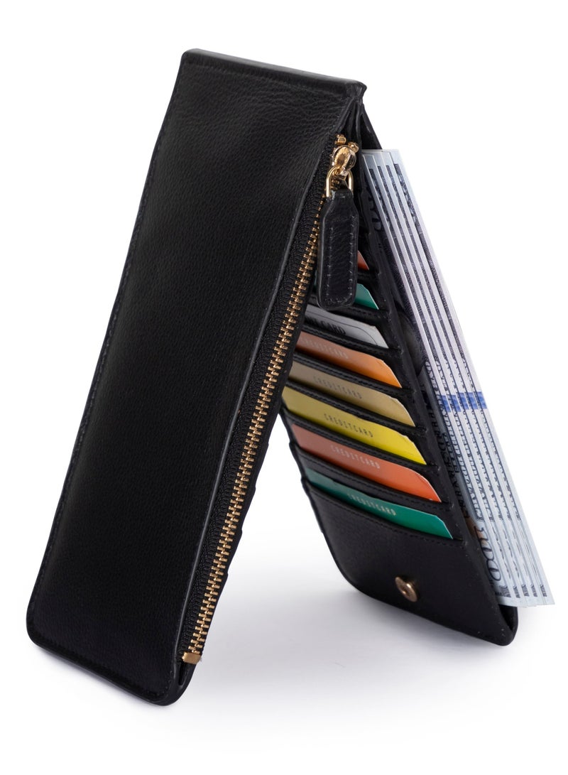 SKENZBI Women's Wallet  RFID Blocking Leather Multi Card Organizer with Zipper Pocket Black - Image 4