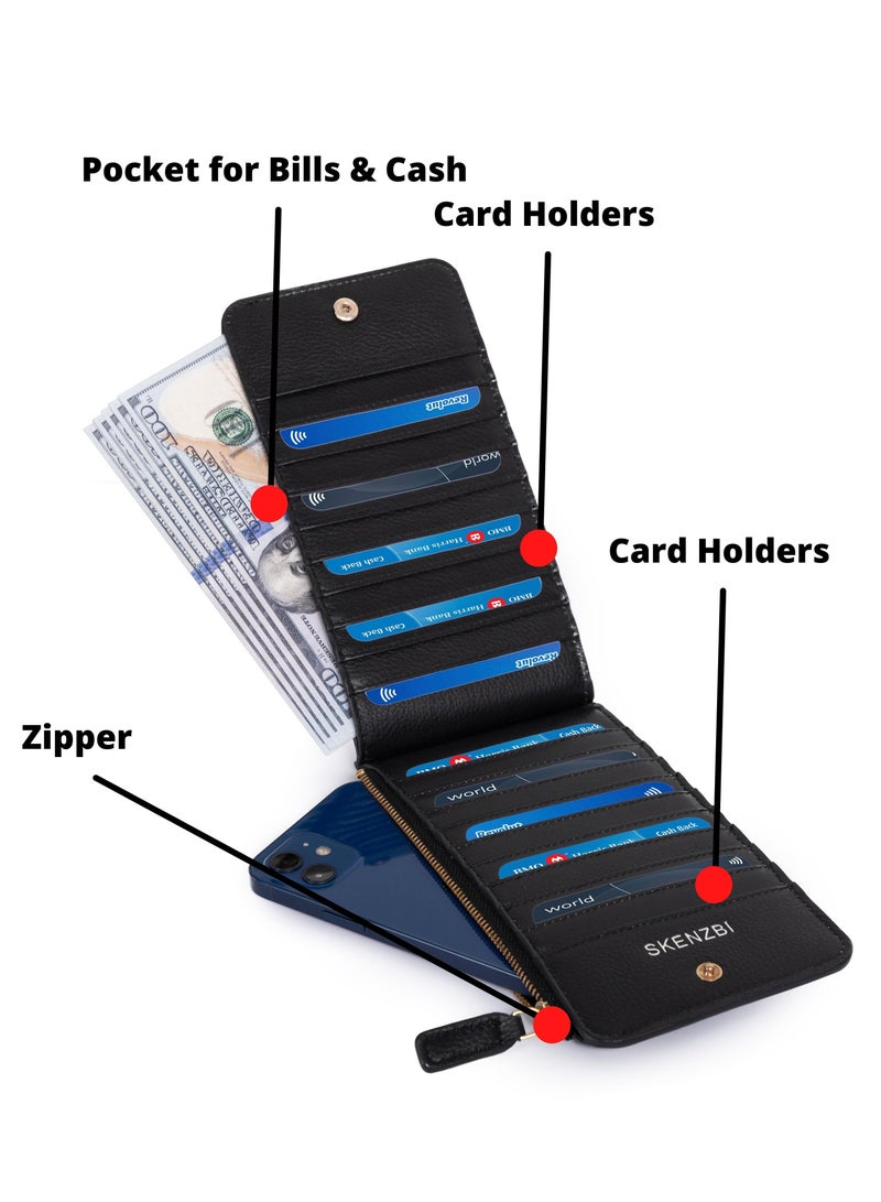 SKENZBI Women's Wallet  RFID Blocking Leather Multi Card Organizer with Zipper Pocket Black - Image 2