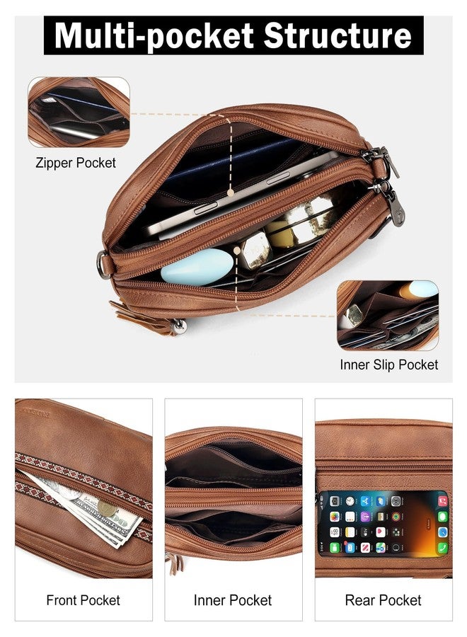 FADEON Wristlet Wallets for Women, Designer Leather RFID Crossbody Purse 5 Zippers, Credit Card Holder, Cell Phone Organizer, 1 Brown Retro Style - Image 4