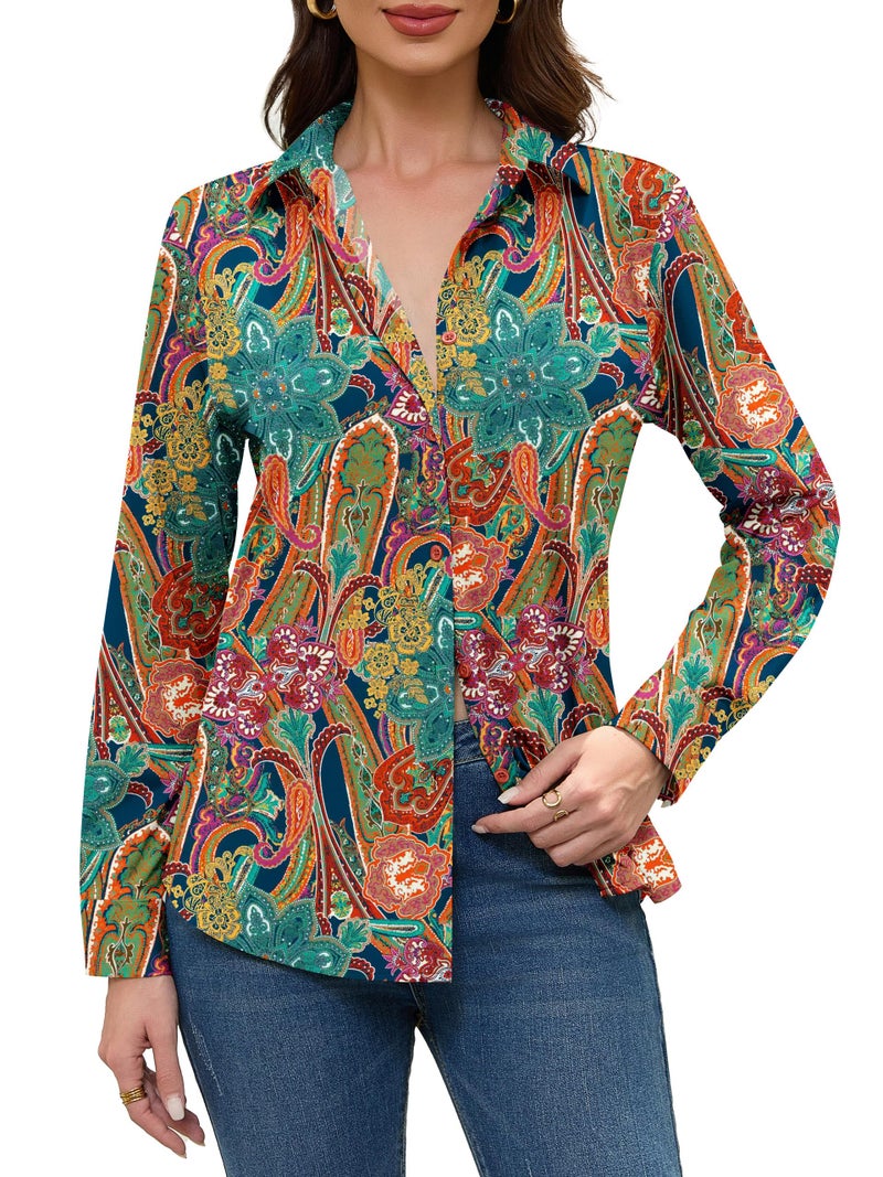 COUXILY Boho Chic Clothing Tops Shirts for Women Bohemian Clothes Blouses Dressy Casual Women's Top Business Long Sleeve Silk Button Down Blouse Up Shirt Dress Work Wrinkle Free Pattern 03 L - Image 4
