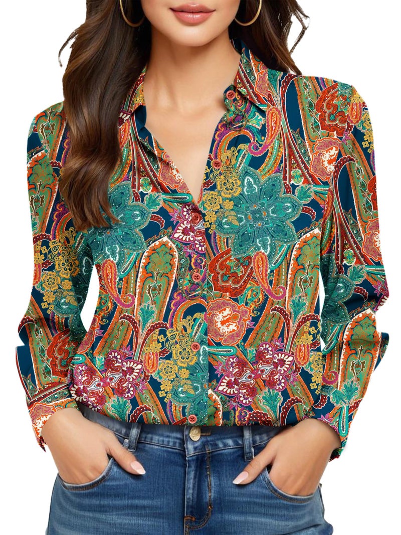 COUXILY Boho Chic Clothing Tops Shirts for Women Bohemian Clothes Blouses Dressy Casual Women's Top Business Long Sleeve Silk Button Down Blouse Up Shirt Dress Work Wrinkle Free Pattern 03 L - Image 1