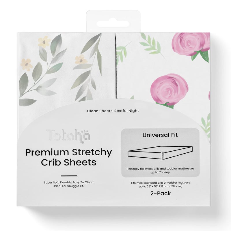 TotAha Premium Stretchy Crib Sheets 2PackHypoallergenic Silky Comfort Buttery Soft Calming Effect AllSeason JerseyKnit Sheets 9 Extra Deep Pocket Pink Buds Green Leaves