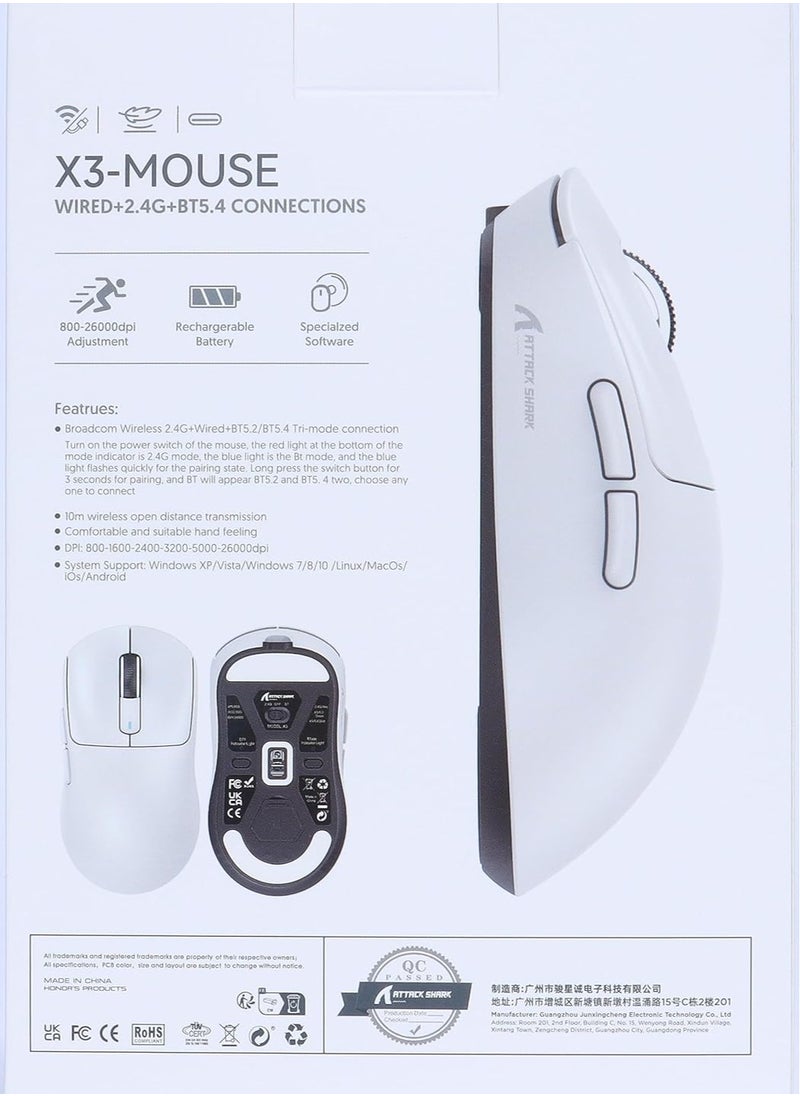 Attack Shark - ATTACK SHARK X3 49g Ultralight Mouse, PixArt PAW3395 Gaming Sensor, BT/2.4G Wireless/Wired Gaming Mouse, 26000 DPI, 200 Hours Battery, Office Mice for Win11/Xbox/PS/Mac (Black) - Image 1