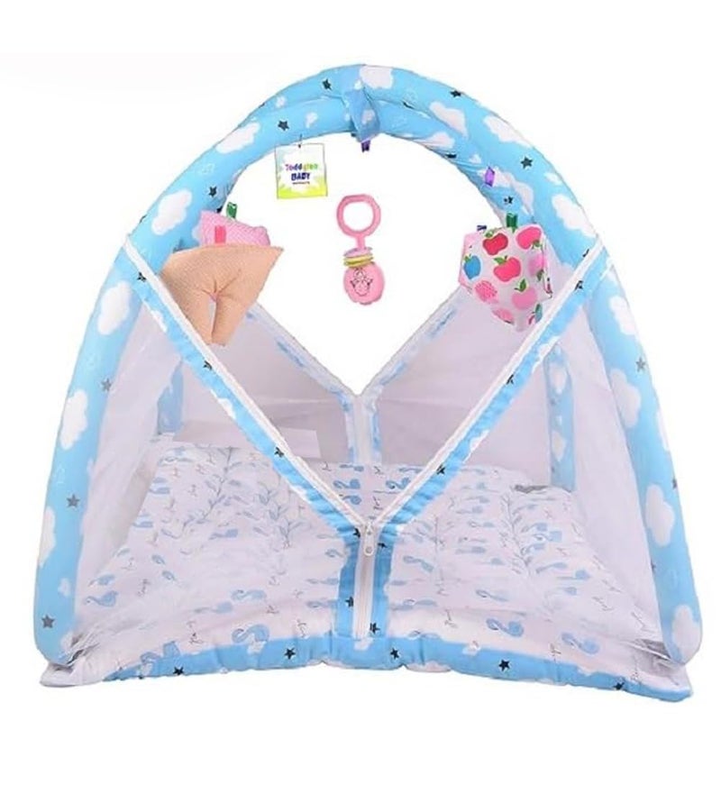 Toddylon Flat Bed Baby Play Gym New Born Baby Bedding | Mat with Hanging Toys | Mattress with Mosquito Net | Cotton Playing Mat | Playmats & Floor Gyms (0-6 Months) (3PCS Set) - Image 3