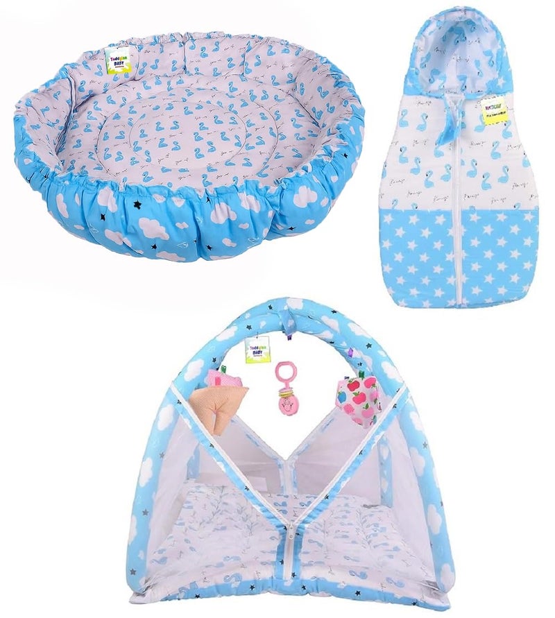 Toddylon Flat Bed Baby Play Gym New Born Baby Bedding | Mat with Hanging Toys | Mattress with Mosquito Net | Cotton Playing Mat | Playmats & Floor Gyms (0-6 Months) (3PCS Set) - Image 1