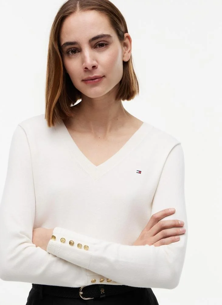 Tommy Hilfiger Ivory Petal Gold-Tone Button Cuff V-Neck Jumper for Women | Best Price UAE