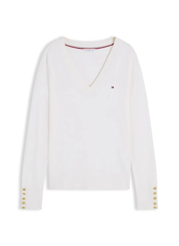 Tommy Hilfiger Ivory Petal Gold-Tone Button Cuff V-Neck Jumper for Women | Best Price UAE