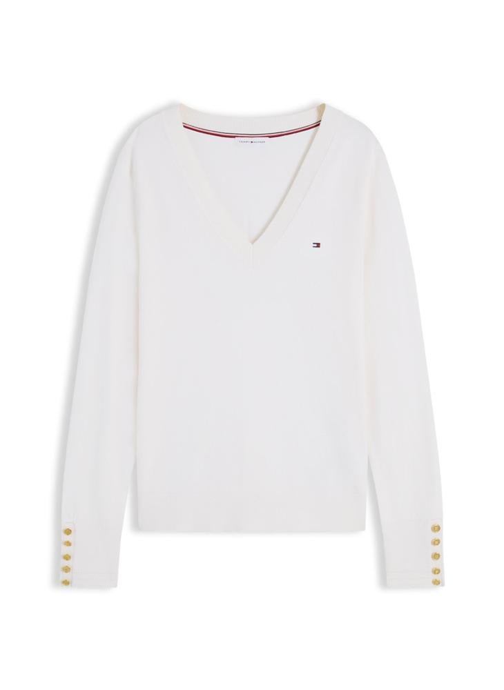 TOMMY HILFIGER Gold-Tone Button Cuff V-Neck Jumper - Image 5