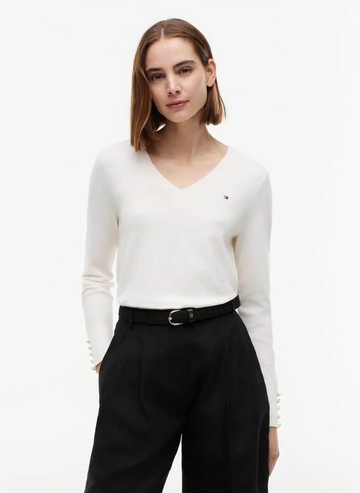 Tommy Hilfiger Gold-Tone Button Cuff V-Neck Jumper
