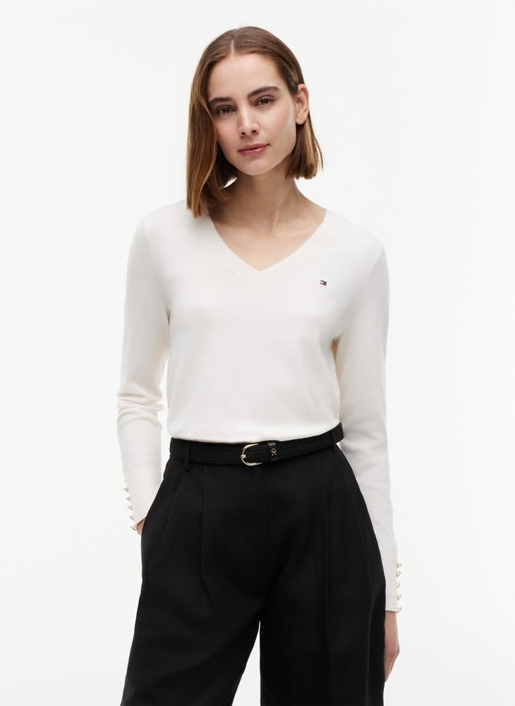 TOMMY HILFIGER Gold-Tone Button Cuff V-Neck Jumper - Image 1