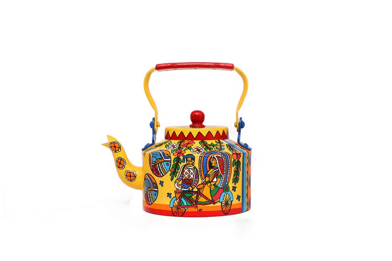 A Krazy Mug Hand Crafted & Hand Designed Colourful Decorative Traditional Village Theme Desi Tea Chai Aluminium Kettle (1.25 L), Multicolor - Image 1