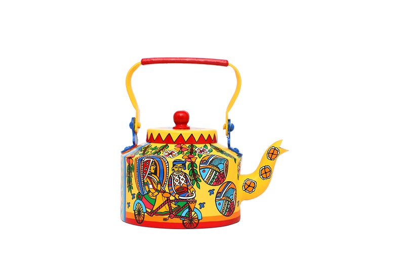 A Krazy Mug Hand Crafted & Hand Designed Colourful Decorative Traditional Village Theme Desi Tea Chai Aluminium Kettle (1.25 L), Multicolor - Image 3
