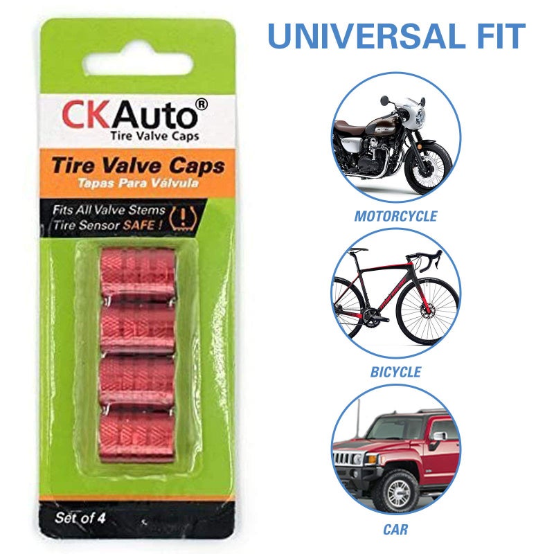 CKAuto Tire Valve Stem Caps, Red, 4 pcs/Pack, Anodized Aluminum Tire Valve Cap Set, Corrosion Resistant, Universal Stem Covers for Cars Trucks Motorcycles SUVs and Bikes - Image 5