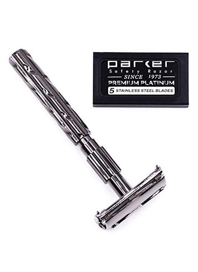 Parker Safety Razor - Parker 22R Gunmetal Long Handle Heavyweight Butterfly Open Double Edge Safety Razor For Men 5 Parker Premium Platinum Double Edge Razor Blades Included - Image 1