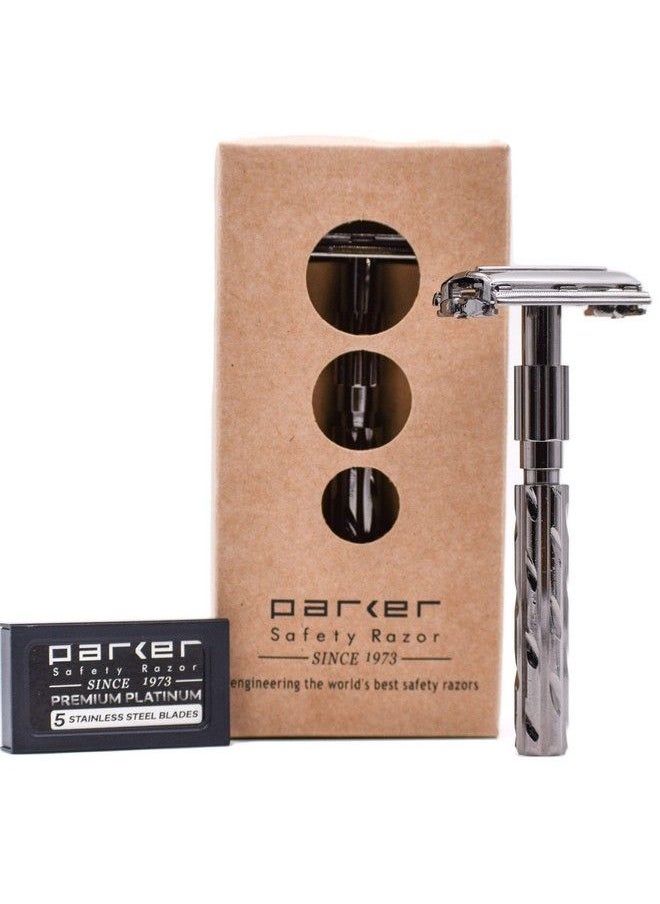 Parker Safety Razor - Parker 22R Gunmetal Long Handle Heavyweight Butterfly Open Double Edge Safety Razor For Men 5 Parker Premium Platinum Double Edge Razor Blades Included - Image 1