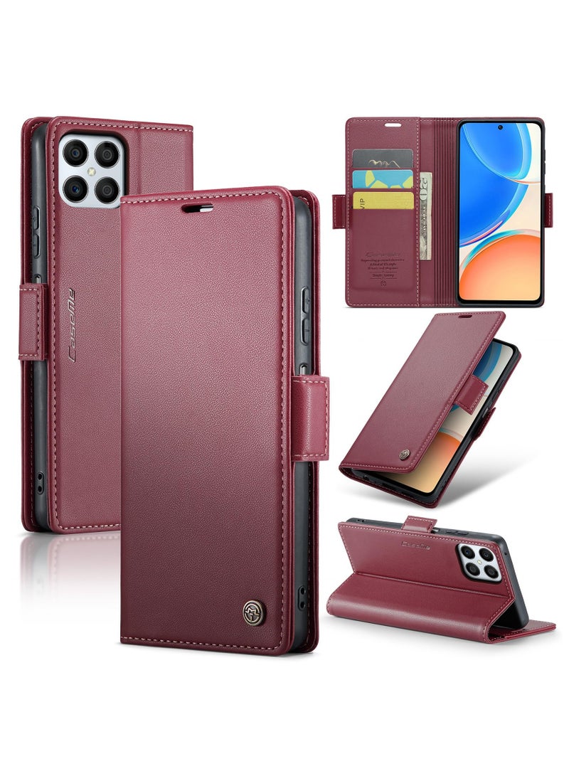 CaseMe Phone Case Luxury PU Leather Design Anti Fingerprint 023 Flip Cover Card Slot Holder Cover For Honor X8 (Red) - Image 1