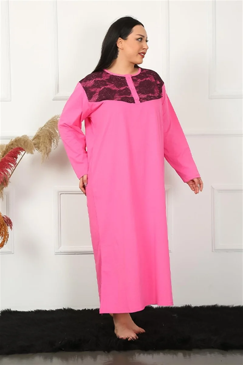 Akbeniz Big Long Sleeve Lace Fuchsia Mother Nightgown 1355