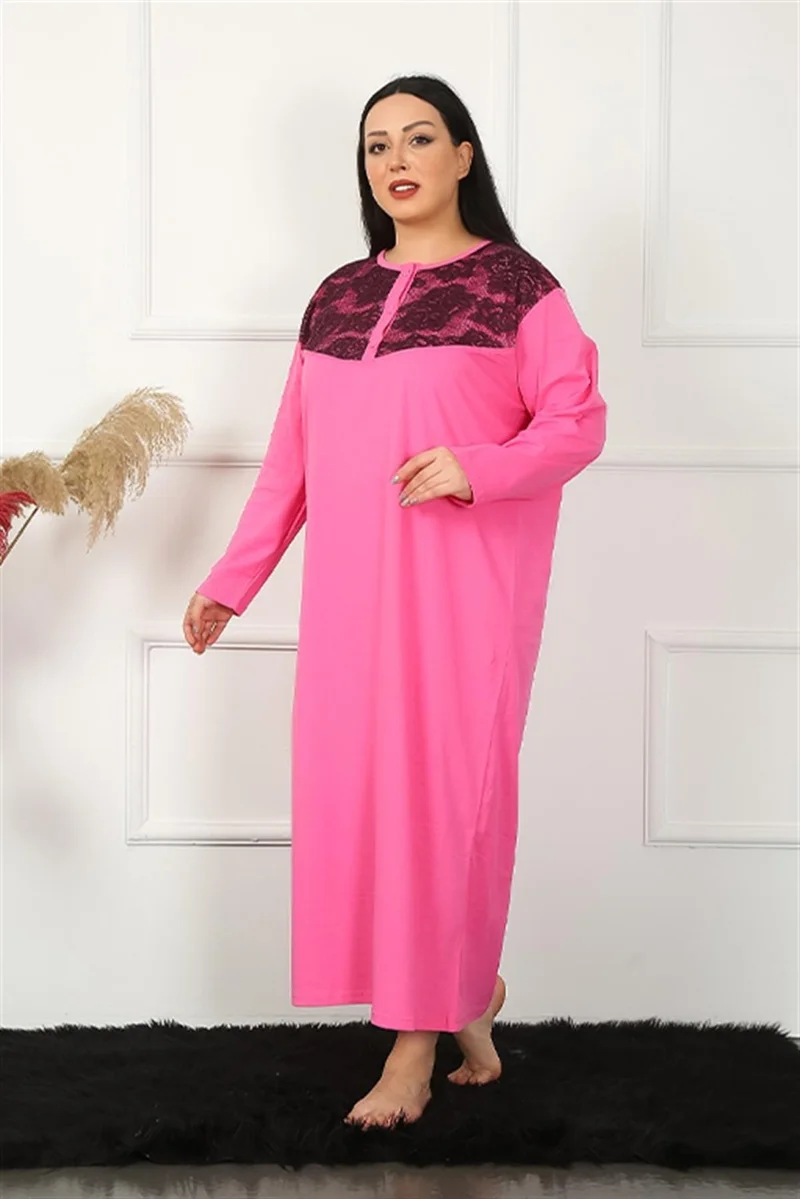 Akbeniz Big Long Sleeve Lace Fuchsia Mother Nightgown 1355