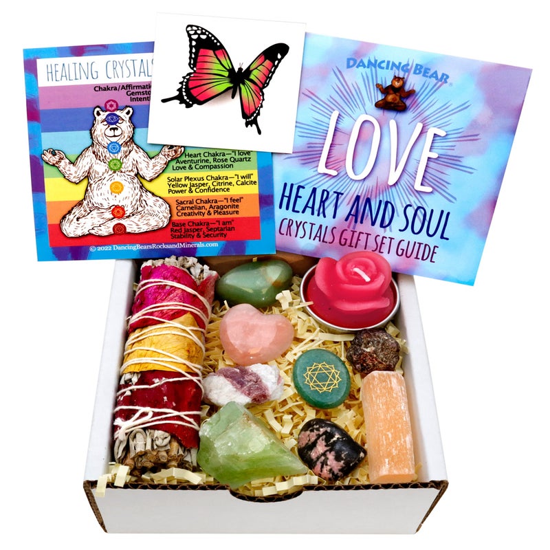 DANCING BEAR Healing Crystals 11 pc Gift Set to Attract  Share Love Rose Quartz Heart Pink Tourmaline Sage Rhodonite Butterfly Tattoo Aventurine Heart Chakra Stone Selenite Made in The USA