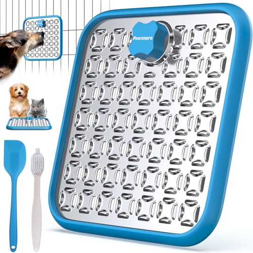 Pawtners Stainless Steel Large Lick Mat: Dog Lick Mats for Large Dogs, Cat Licking Pads for Crate Boredom & Anxiety Reduce, Slow Feeding, Cat Slow Feeder Mat with a Spatula, Scrubbing Brush, Blue - Image 1