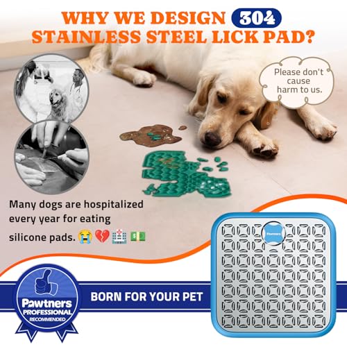 Pawtners Stainless Steel Large Lick Mat: Dog Lick Mats for Large Dogs, Cat Licking Pads for Crate Boredom & Anxiety Reduce, Slow Feeding, Cat Slow Feeder Mat with a Spatula, Scrubbing Brush, Blue - Image 3