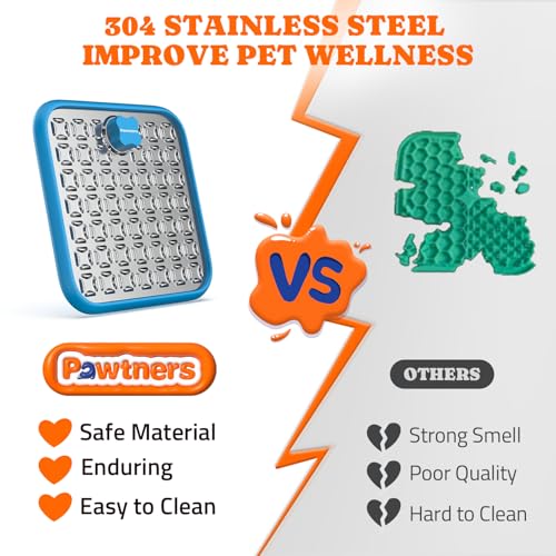 Pawtners Stainless Steel Large Lick Mat: Dog Lick Mats for Large Dogs, Cat Licking Pads for Crate Boredom & Anxiety Reduce, Slow Feeding, Cat Slow Feeder Mat with a Spatula, Scrubbing Brush, Blue - Image 2