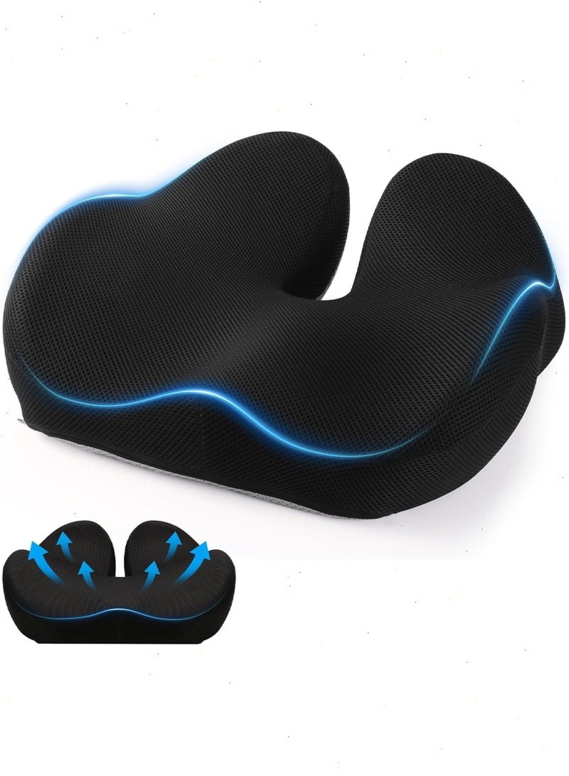 وسادة مقعد من الإسفنج المرن (Memory Foam) للكراسي المكتبية والسيارات وألعاب الفيديو — وسادة مريحة لتخفيف آلام الظهر والورك والعصعص — مقاس XL مع غطاء شبكي، أسود