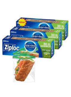 XL Sandwich and Snack Bags, Storage Bags for On the Go Freshness, Grip 'n Seal Technology for Easier Grip, Open, and Close, 30 Count (Pack of 3)