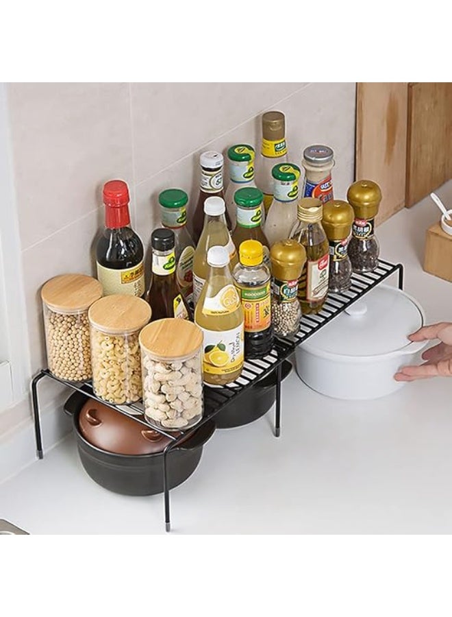 منظم رفوف قابل للتوسيع لطاولة المطبخ، منظم خزانة معدني، رف مخزن، منظم رف توابل للخزانة، موفر للمساحة، غير قابل للانزلاق، مقاوم للصدأ، أسود - Image 2