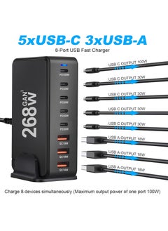 DIGI CORE Multi USB Charger, 268W USB C Fast Charger 8-Port Charging Station Portable USB And Type C Charging Station, Wall Charger Power Strip Adapter 268W Gan USB Type C Fast Charger, Multiple Use UK Plug Black  - Image 2