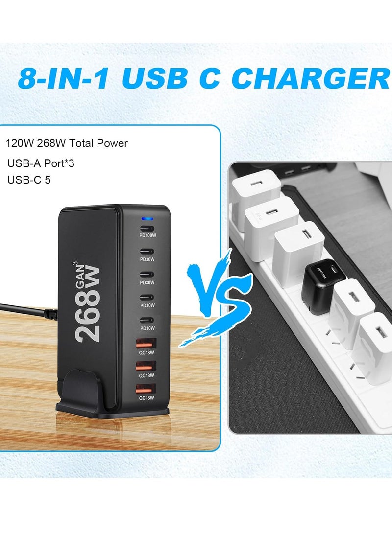 DIGI CORE Multi USB Charger, 268W USB C Fast Charger 8-Port Charging Station Portable USB And Type C Charging Station, Wall Charger Power Strip Adapter 268W Gan USB Type C Fast Charger, Multiple Use UK Plug Black - Image 5