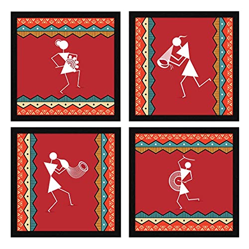 ArtX Paper Warli Indian Tribal Wall Art Painting, Framed Paintings, 20 X 20 inches(Combined), 10.0 X 10.0 each, Abstract, Multicolor, Set of 4 - Image 1