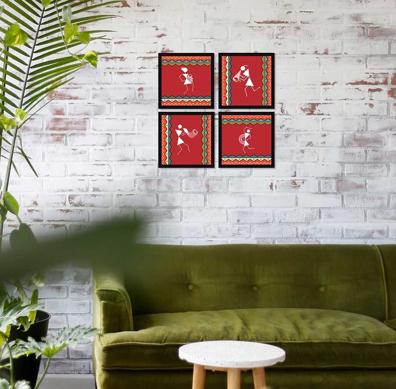 ArtX Paper Warli Indian Tribal Wall Art Painting, Framed Paintings, 20 X 20 inches(Combined), 10.0 X 10.0 each, Abstract, Multicolor, Set of 4 - Image 4