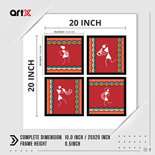 ArtX Paper Warli Indian Tribal Wall Art Painting, Framed Paintings, 20 X 20 inches(Combined), 10.0 X 10.0 each, Abstract, Multicolor, Set of 4 - Image 2