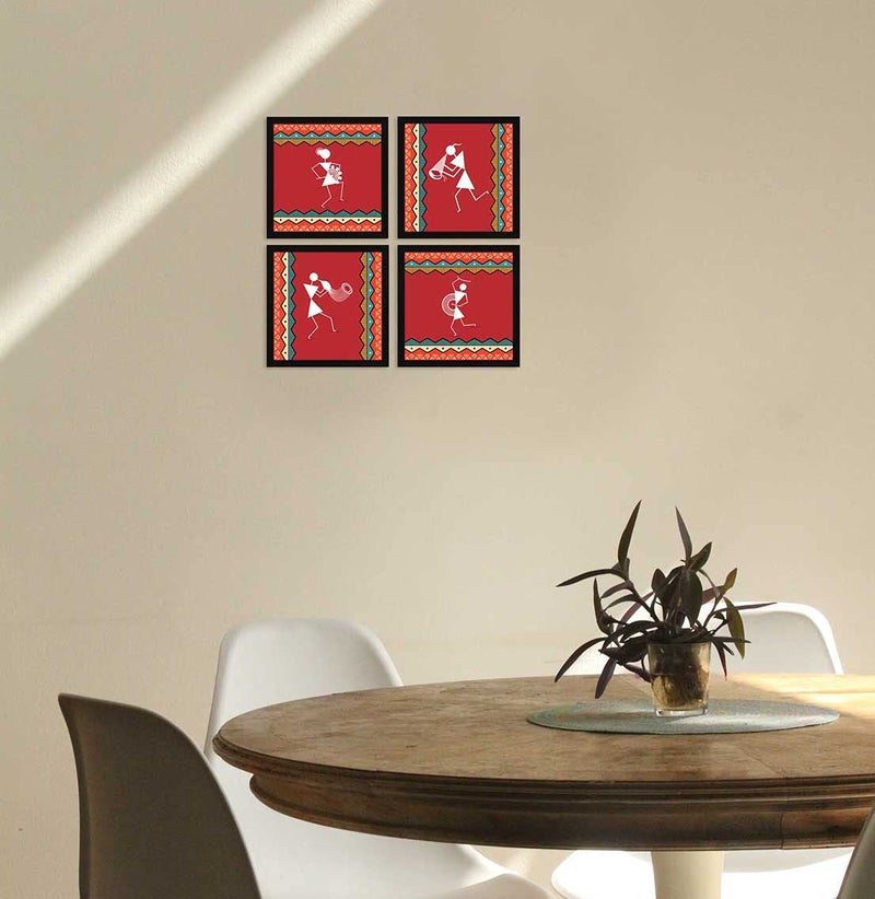 ArtX Paper Warli Indian Tribal Wall Art Painting, Framed Paintings, 20 X 20 inches(Combined), 10.0 X 10.0 each, Abstract, Multicolor, Set of 4 - Image 3