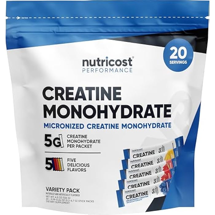 Nutricost Creatine Monohydrate Powder Variety Stickpacks (5 Flavors, 20 Servings) - Micronized, 5 Grams of Creatine Monohydrate Per Pack - Image 1