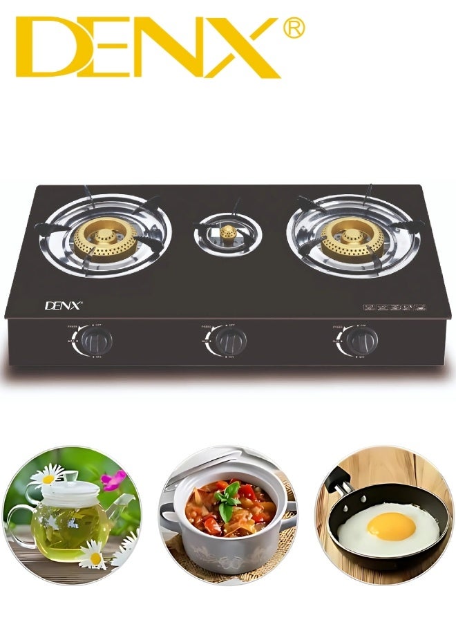 Denx DENX Home Cooking Gas Stove Model DX2807 – 3 Burners with Gold-Plated Caps, Automatic Ignition, Sleek Design, 5.5kg Weight, 2800 Pa Gas Pressure – LPG Compatible  - Image 1