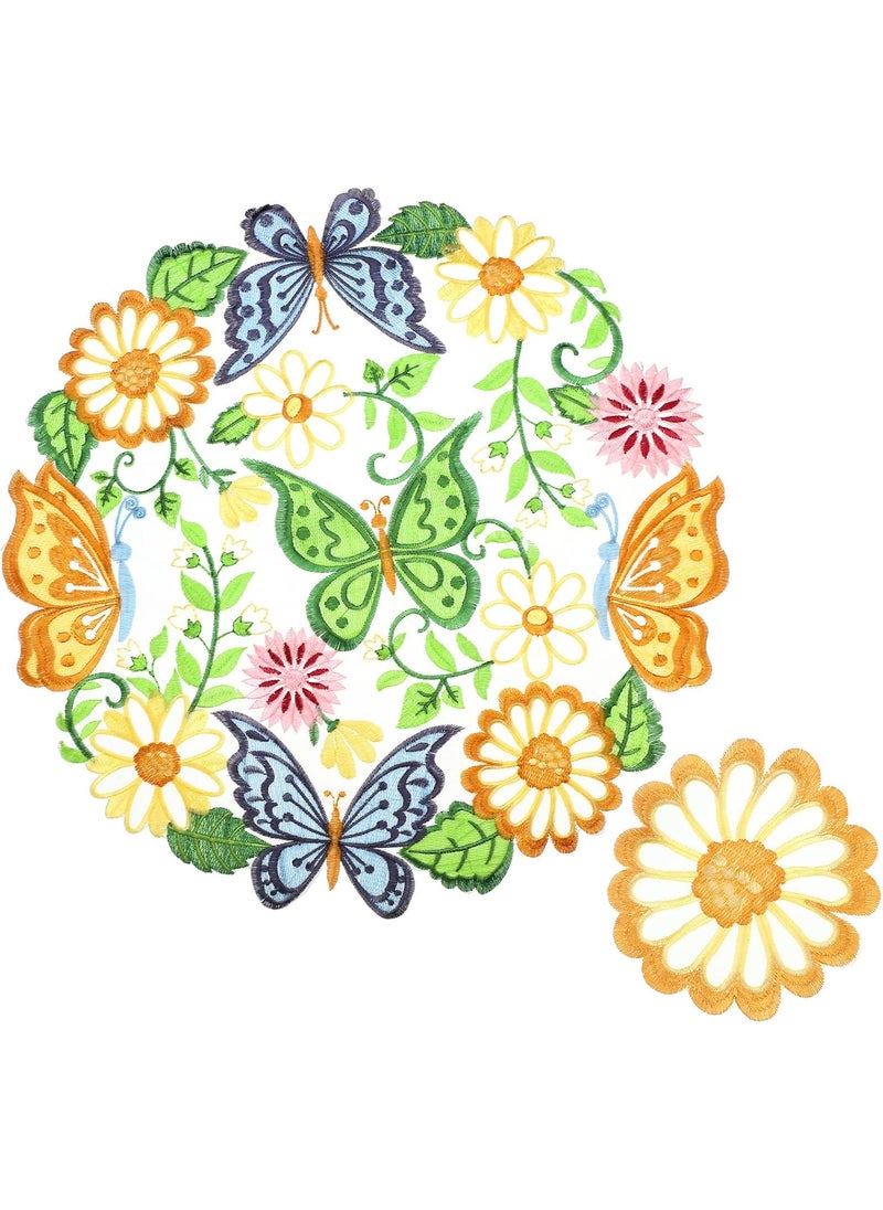 Moukeren Moukeren 8 Pcs Spring Easter Round Placemats and Coasters Set 14 Embroidered Flower Butterfly Table Placemats and 4 Daisy Coasters Floral Cup Mat for Tabletop Decoration  - Image 1