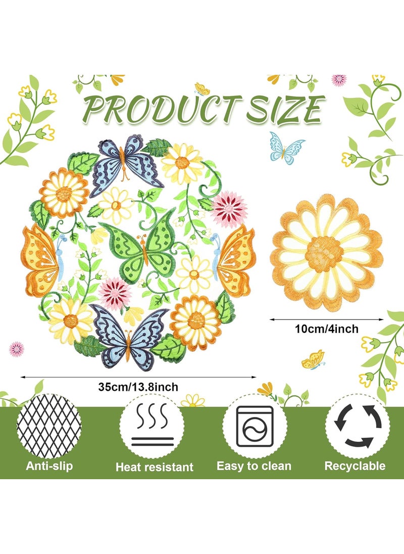 Moukeren Moukeren 8 Pcs Spring Easter Round Placemats and Coasters Set 14 Embroidered Flower Butterfly Table Placemats and 4 Daisy Coasters Floral Cup Mat for Tabletop Decoration  - Image 2