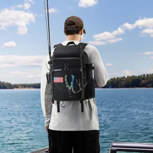 Piscifun Fishing Tackle Backpack with Rod Gear Holder Lightweight Outdoor WaterResistant Fishing Shoulder Storage Bag with Protective Rain Cover Black - Image 3