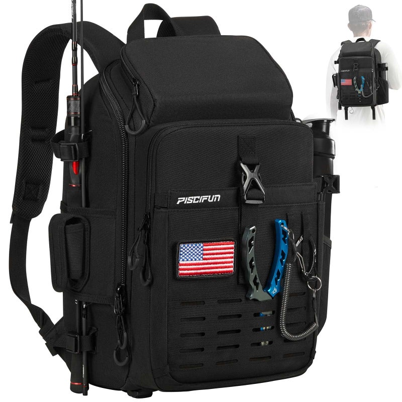 Piscifun Fishing Tackle Backpack with Rod Gear Holder Lightweight Outdoor WaterResistant Fishing Shoulder Storage Bag with Protective Rain Cover Black - Image 2