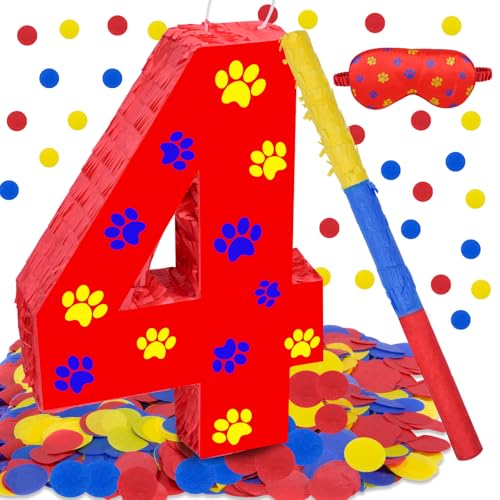Lcoor Dog Paw 4th Birthday Decorations Dog Paw Printing Number 4 Piata with Blindfold Stick and Confetti for Red Dog Paw Birthday Party Supplies 4th - Image 1