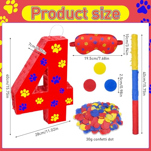 Lcoor Dog Paw 4th Birthday Decorations Dog Paw Printing Number 4 Piata with Blindfold Stick and Confetti for Red Dog Paw Birthday Party Supplies 4th - Image 5