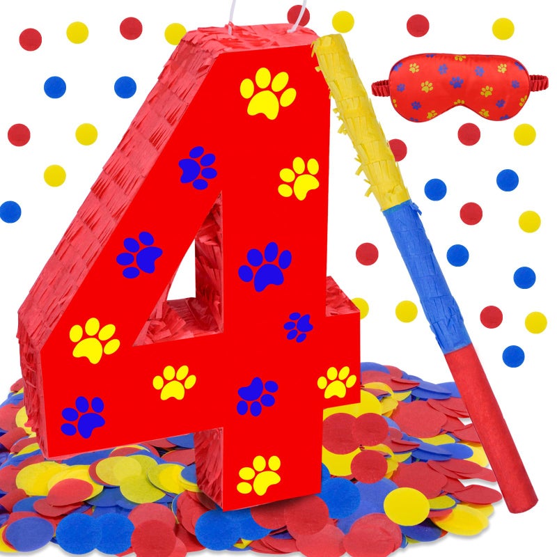 Lcoor Dog Paw 4th Birthday Decorations Dog Paw Printing Number 4 Piata with Blindfold Stick and Confetti for Red Dog Paw Birthday Party Supplies 4th - Image 3