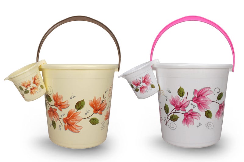 Halsey Plastic 2 Pieces Bathroom Set (Bucket 22 litres and Mug 1 litres) (Pink & Brown) - Image 1