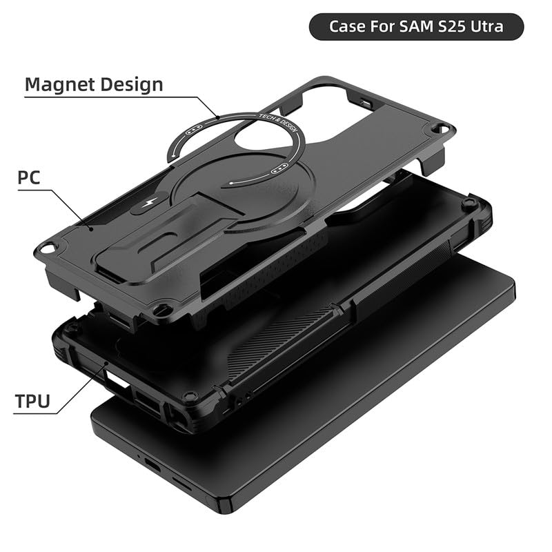US LITE Back Cover for Samsung Galaxy S25 Ultra with Portable Kickstand | Mag-Safe Compatible Magnetic Case | Shockproof Military Grade Protection | Extreme Protection Phone Cover – Black - Image 4
