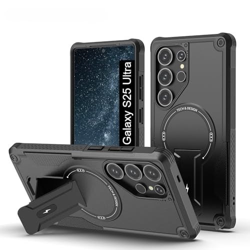 US LITE Back Cover for Samsung Galaxy S25 Ultra with Portable Kickstand | Mag-Safe Compatible Magnetic Case | Shockproof Military Grade Protection | Extreme Protection Phone Cover – Black - Image 1